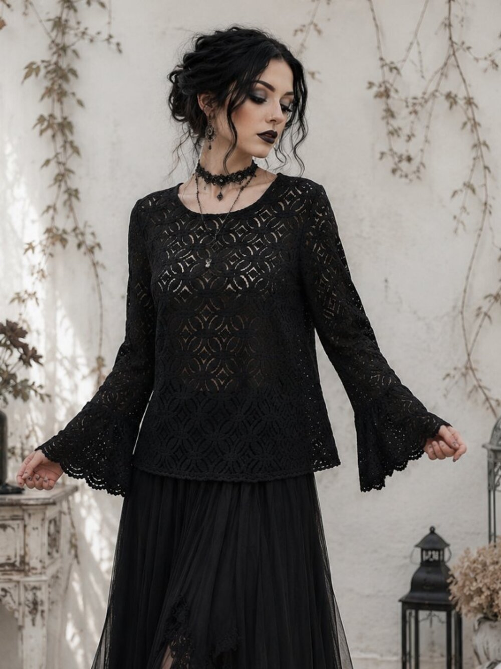 ✨ Vintage-Vibe Black Geometric Lace Bell Sleeve Top ✨